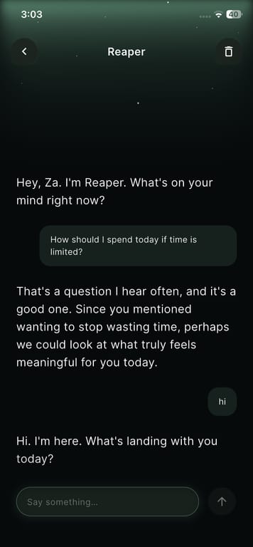 Conversation with Reaper, Presentia's companion about time