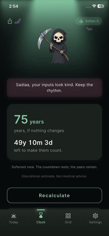 Presentia years view with estimated remaining time and a softened horizon